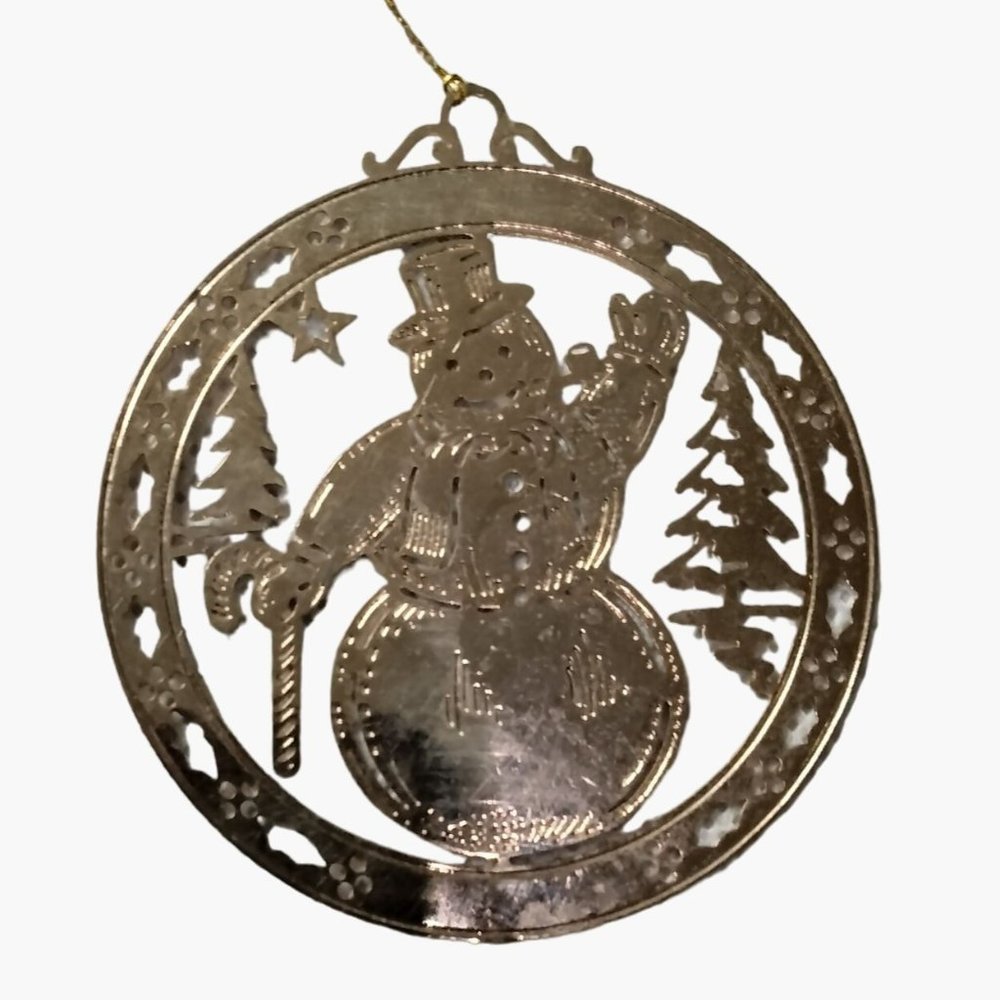 Snowman Ornament Etched Gold Metal Christmas